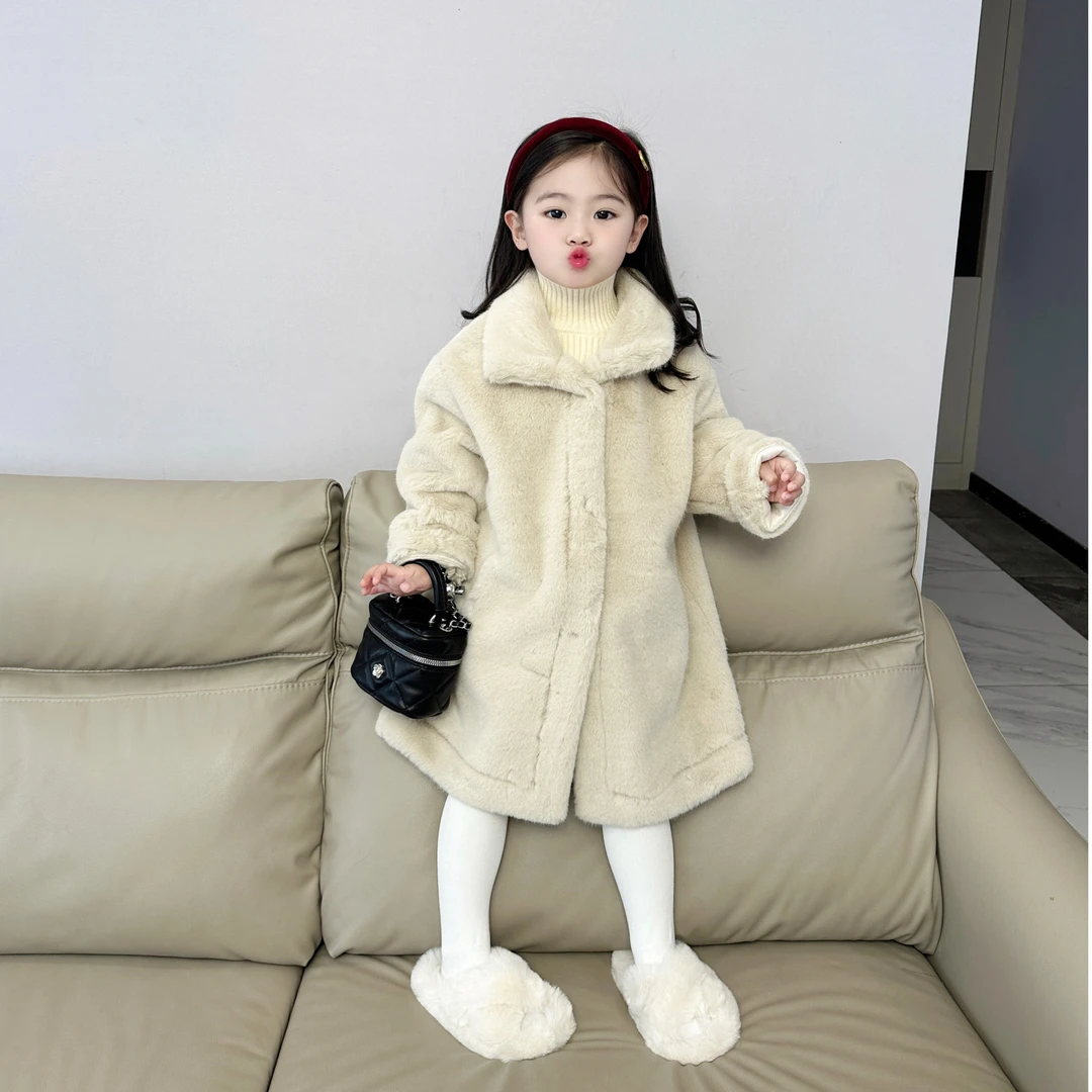 皮皮妹童装女童长款毛毛大衣外套巨保暖防风绒复合时尚加厚冬季