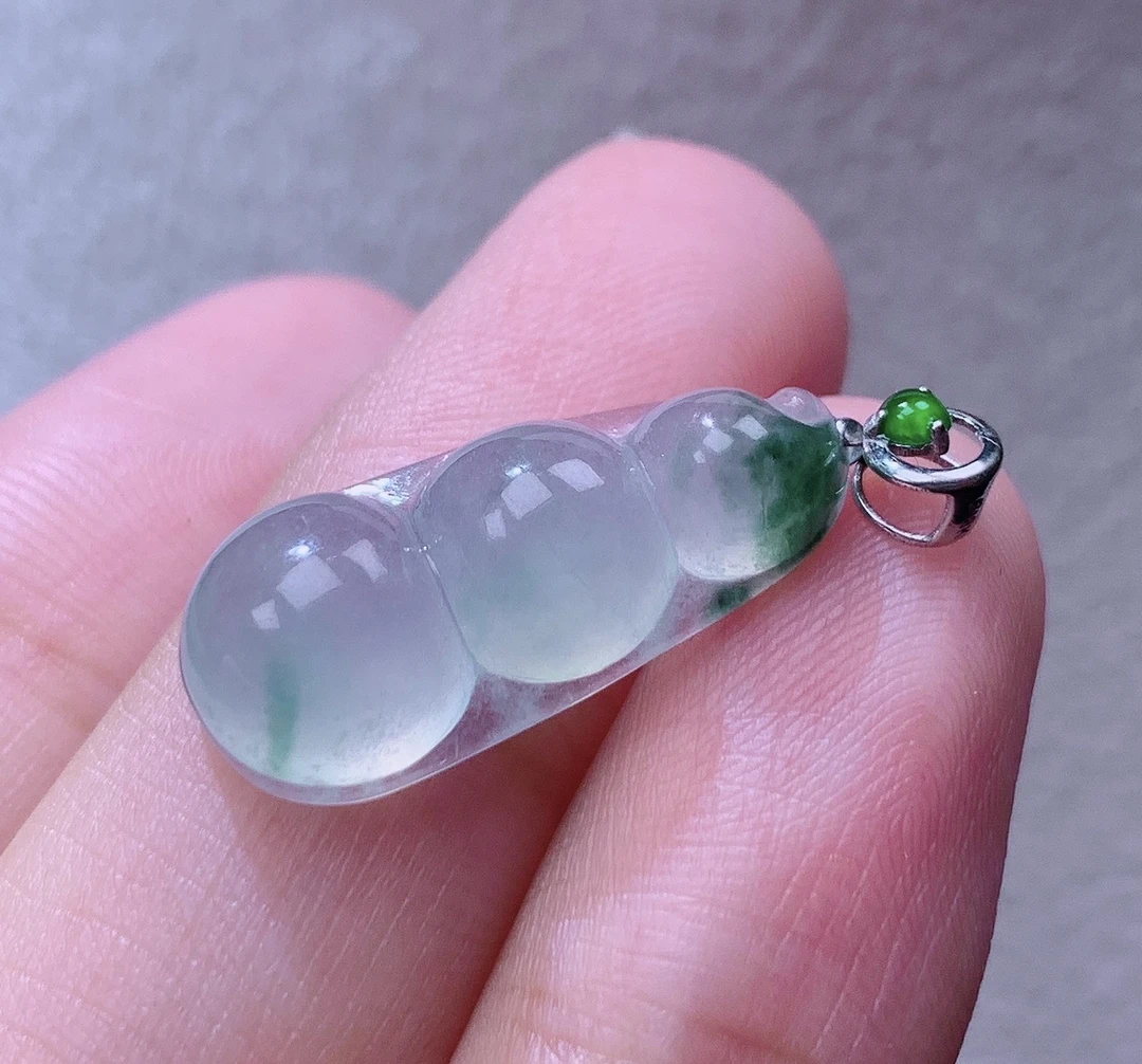 缅甸翡翠A货老坑18k金冰飘花连中三元福豆四季豆28^21.5*9.5*5.7