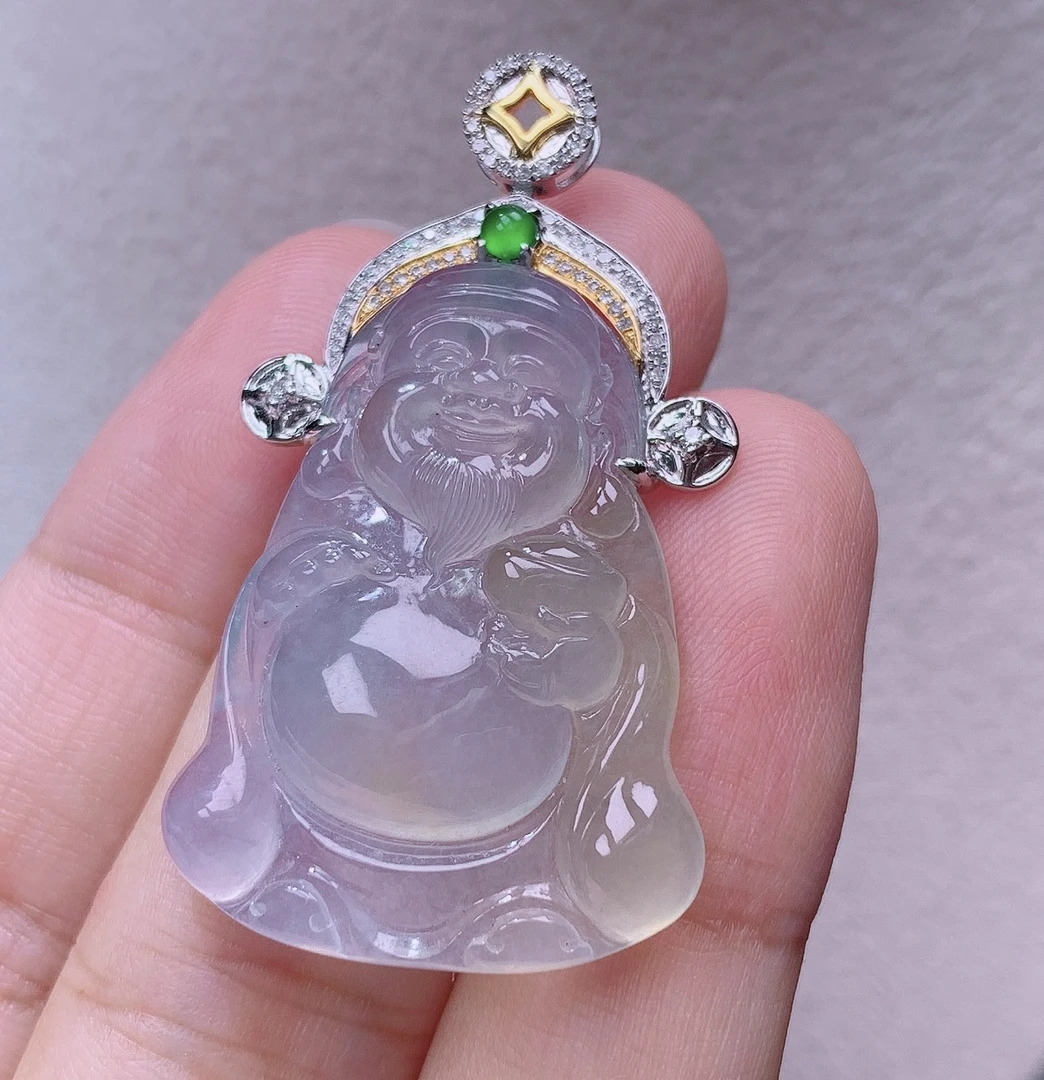 缅甸翡翠A货老坑18k金镶嵌冰黄一刀切财神爷43.5^32.2*24.4*6.1mm