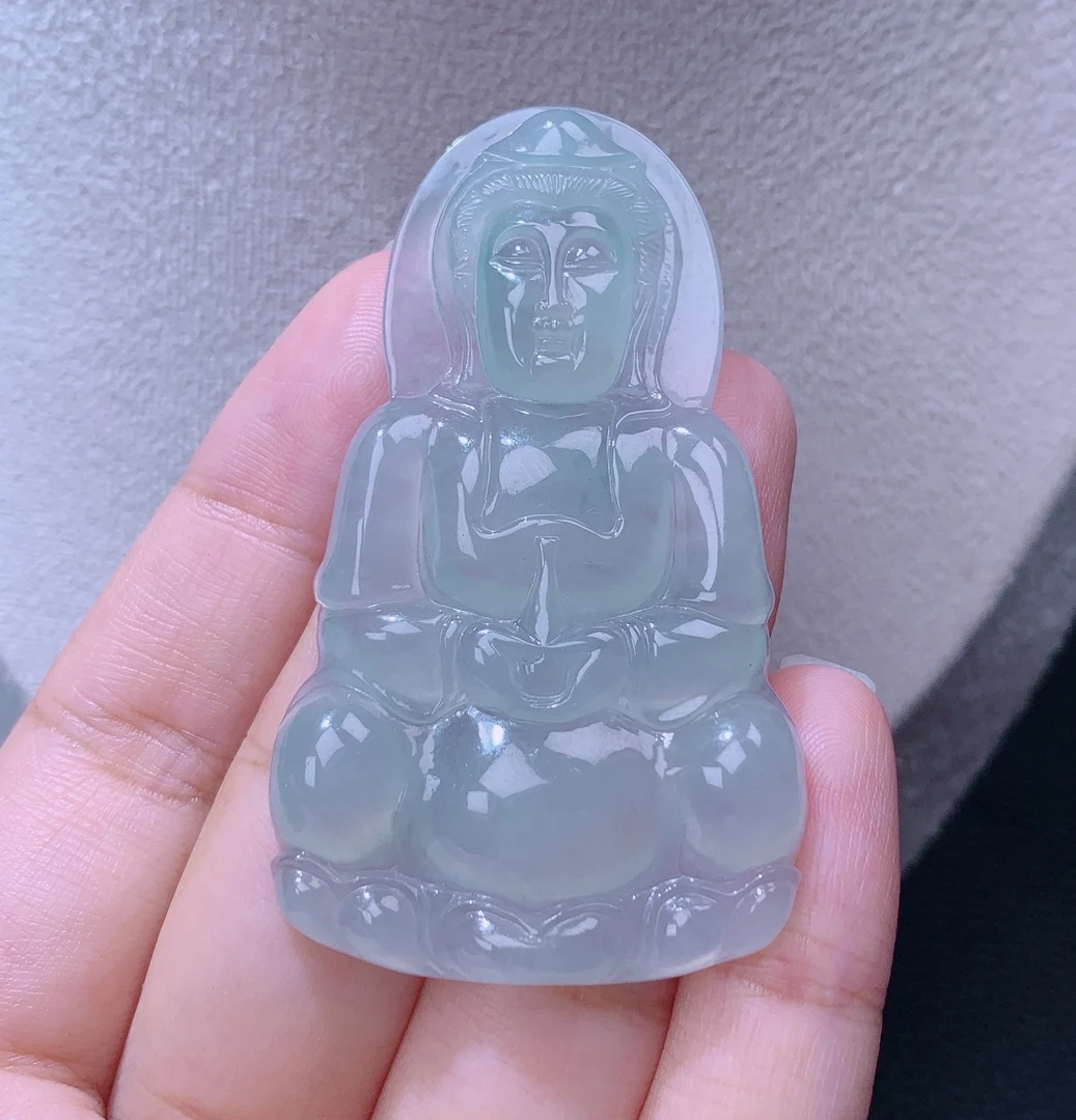 缅甸翡翠A货老坑冰种晴绿正装大观音吊坠挂件揭阳精品61*35.5*6.1