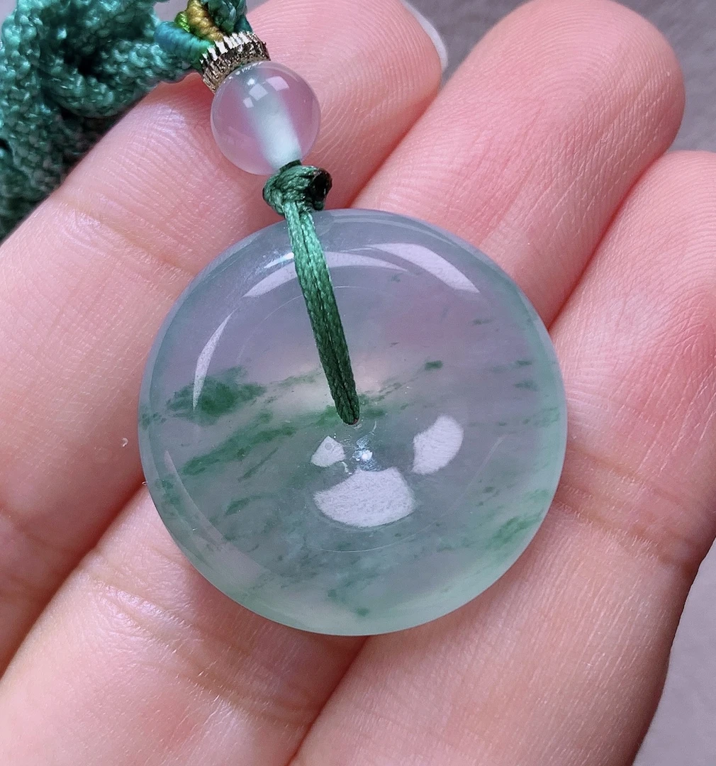 缅甸翡翠A货老坑冰种飘花平安扣吊坠怀古挂件揭阳精品23.7*6.5mm