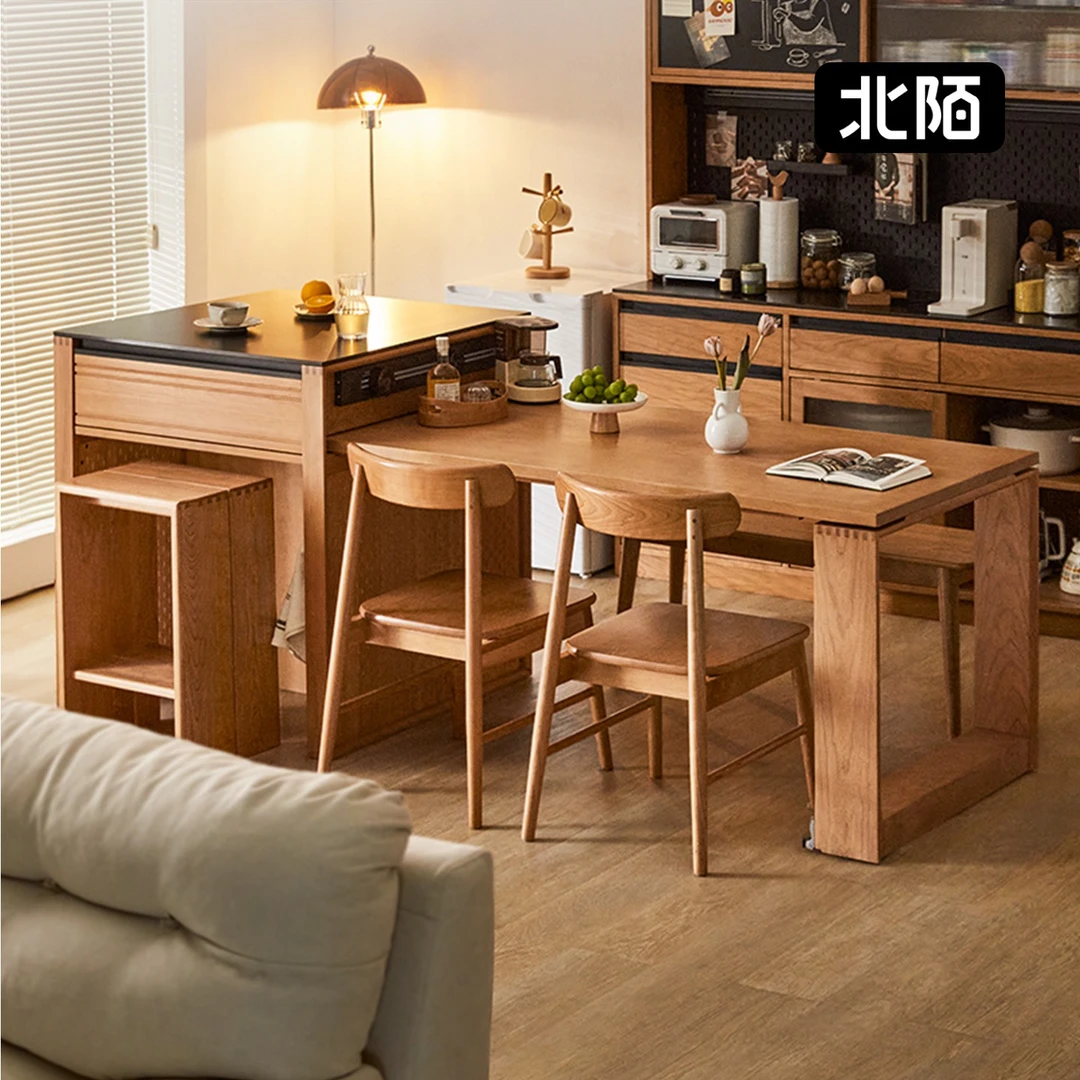 北陌家具实木岛台餐桌一体日式岩板吧台可伸缩小户型储物餐边柜