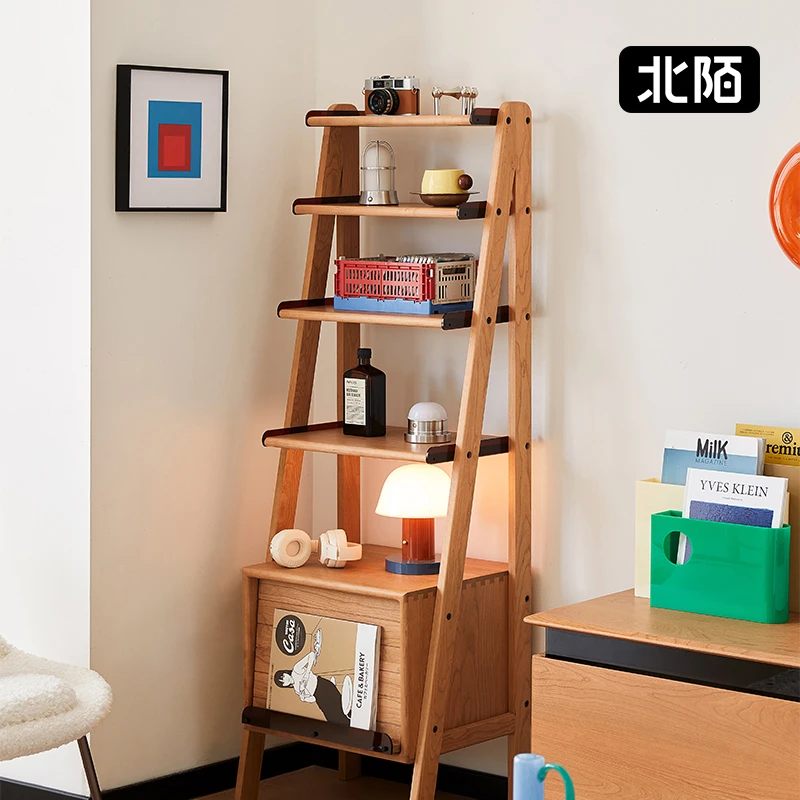 北陌实木置物架樱桃木书柜收纳北欧客厅卧室墙角落地多层书架