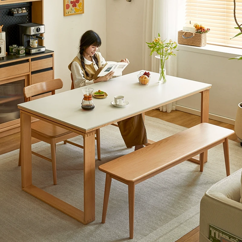 【清仓 】榉木岩板餐桌白色小户型日式工作台原木奶油风实木大板桌