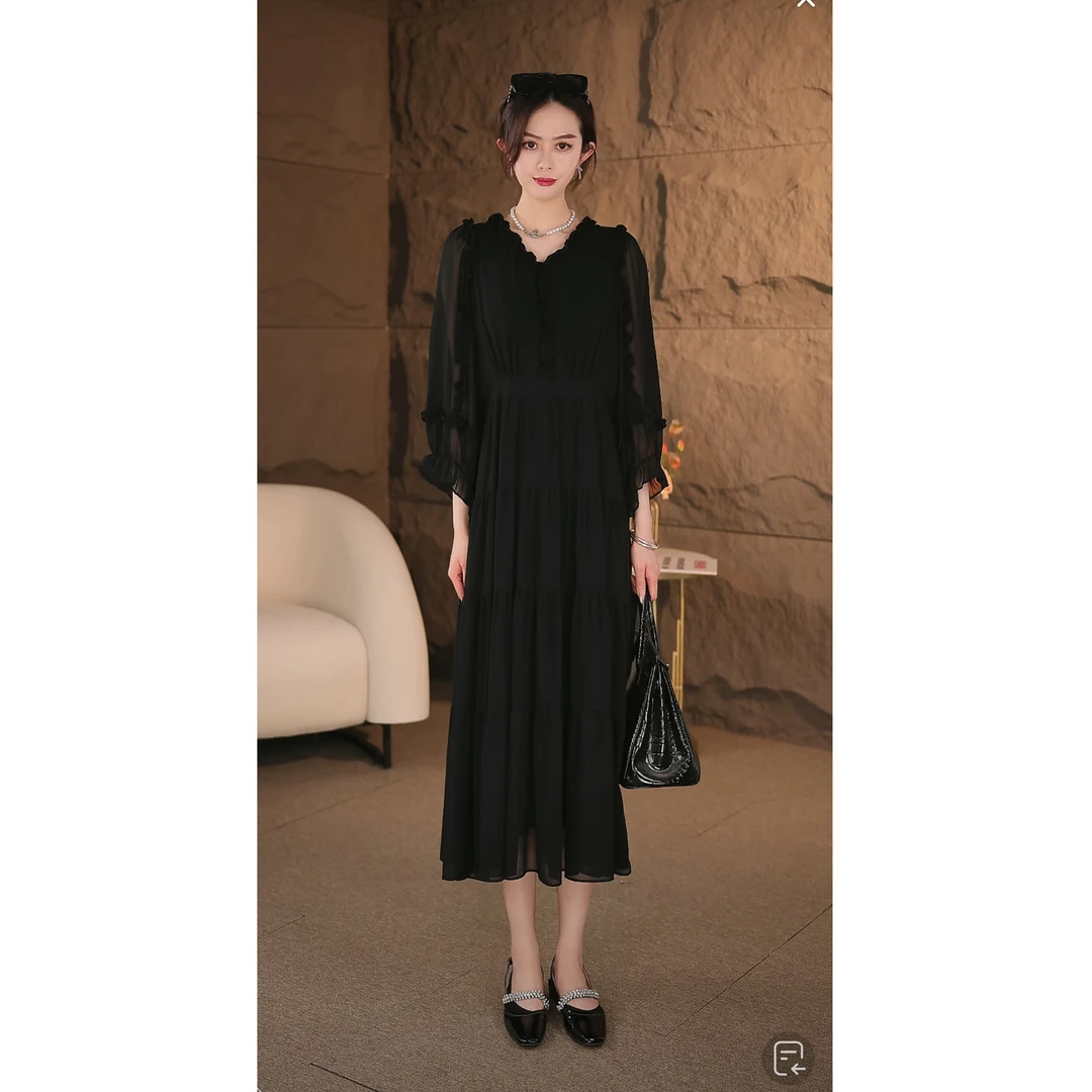 夏季新款连衣裙中长款裙子黑色九分袖花边小黑裙气质显瘦