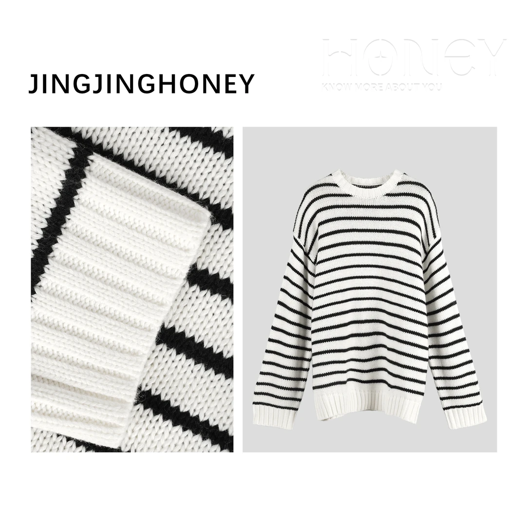 静静哈尼 【渐变条纹毛衣】时尚条纹套头圆领宽松针织毛衣M82420