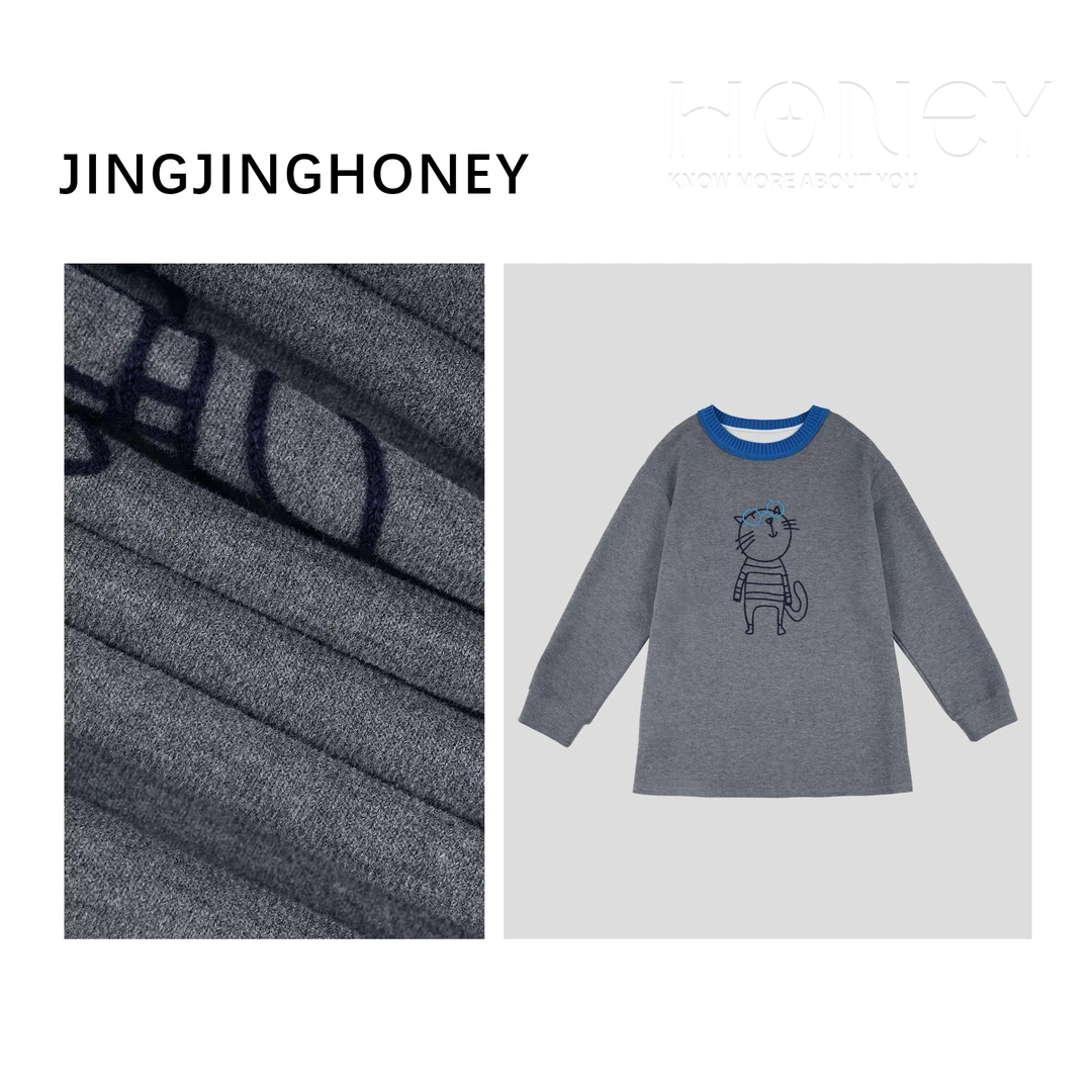 静静哈尼 【呆呆猫磨毛加厚T恤】休闲百搭舒适宽松打底T恤T824108