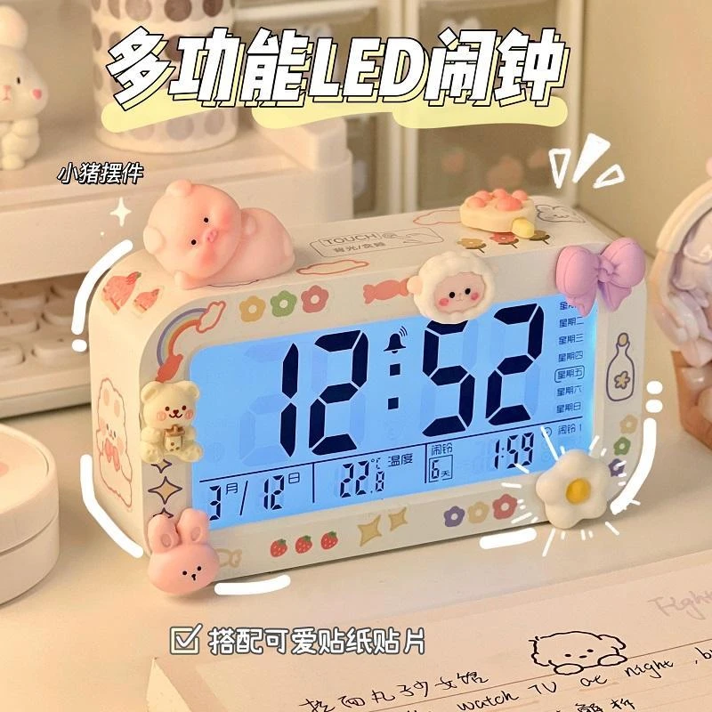 闹钟可爱夜光闹铃创意简约电池多功能静音卧室床头贪睡儿童电子钟