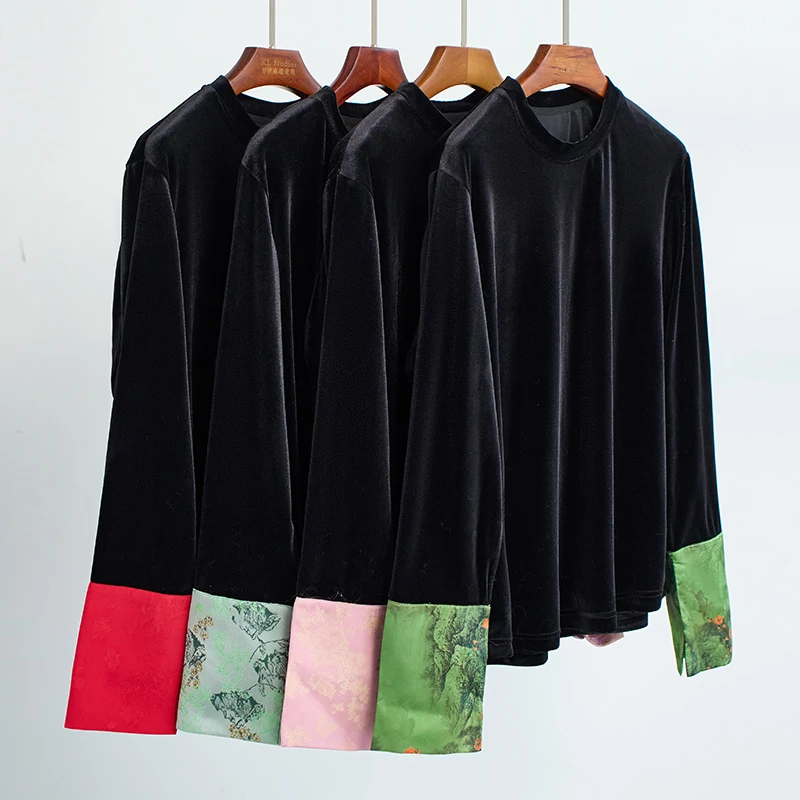 丝绒上衣休闲国风长袖时尚打底圆领金丝绒拼接春季百搭复古内搭潮