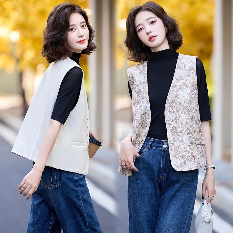 马甲春秋百搭V领休闲无袖马夹气质提花上衣外穿女两面穿两面正