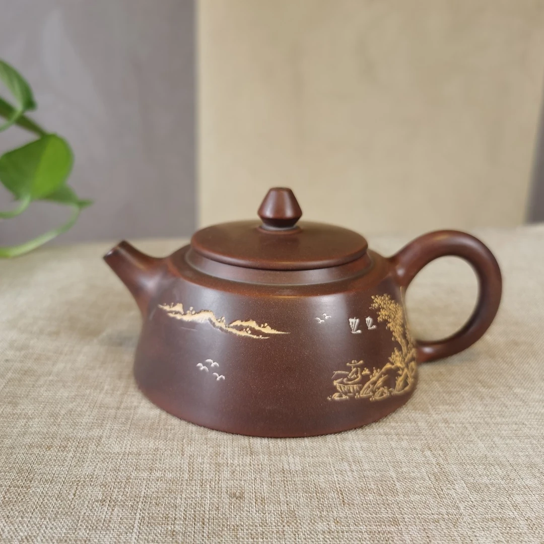 钦州坭兴陶霸王茶壶刻花线刻陶瓷茶具揽众山泡茶壶180cc小容量