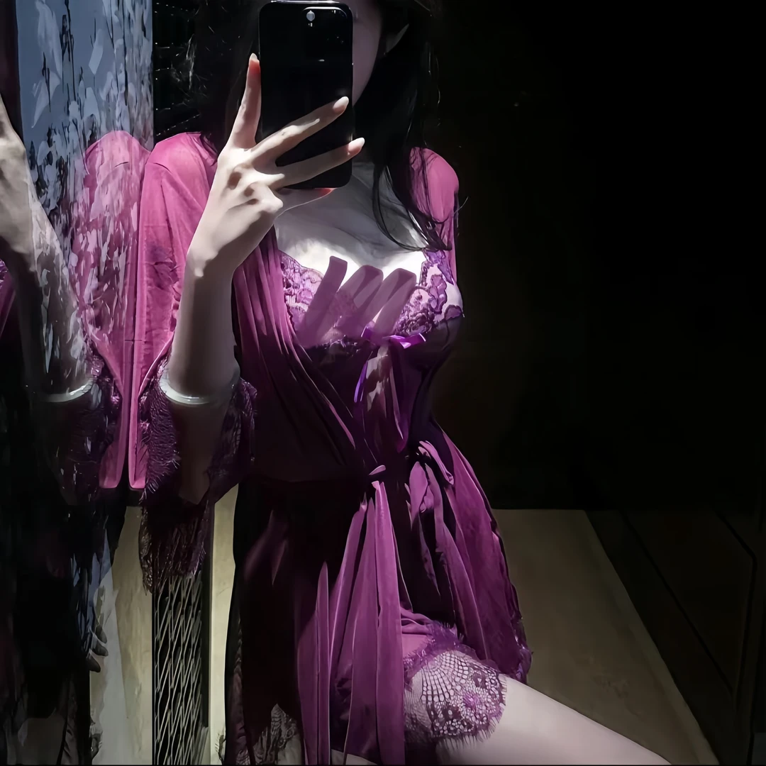 蕾丝吊带睡裙女新款性感紫色两件套睡衣网纱高级感纯欲甜美蝴蝶结