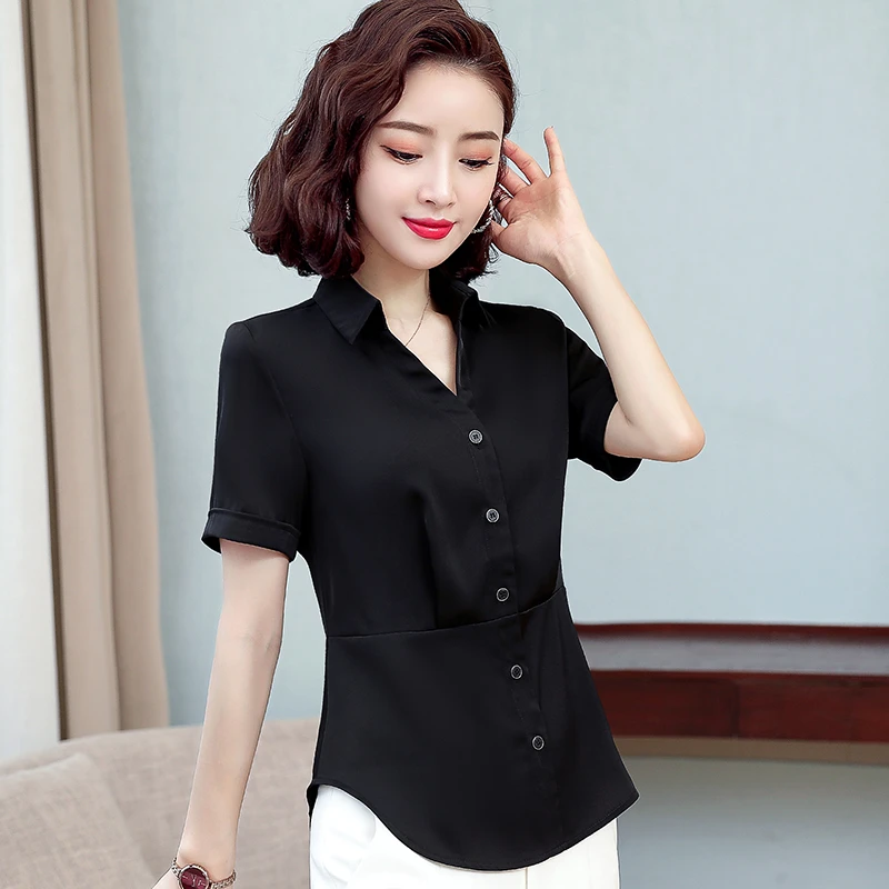 【官方】啄木鸟夏季新款黑色短袖雪纺衬衫女士洋气收腰显瘦衬衣气质