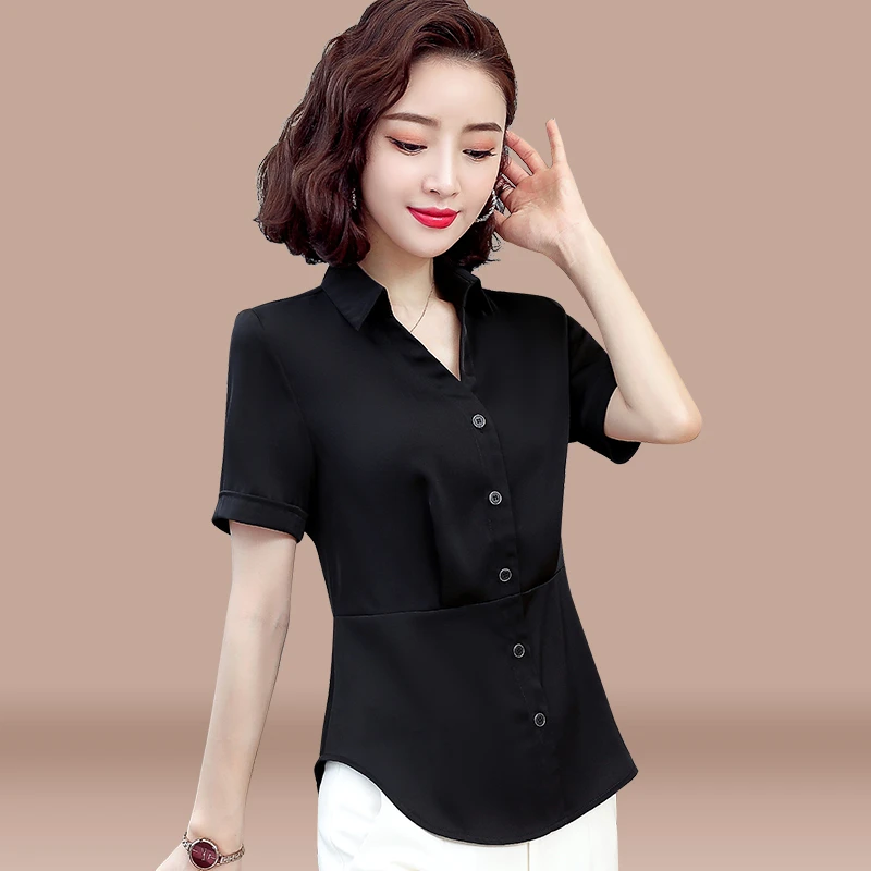 【官方】啄木鸟短袖雪纺衬衫女新款2025年夏天洋气收腰黑色时尚衬衣