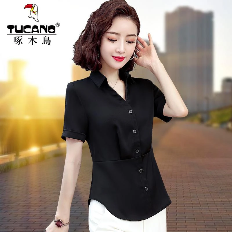 【官方】啄木鸟短袖雪纺衬衫女2025夏天新款洋气收腰黑色衬衣气质V