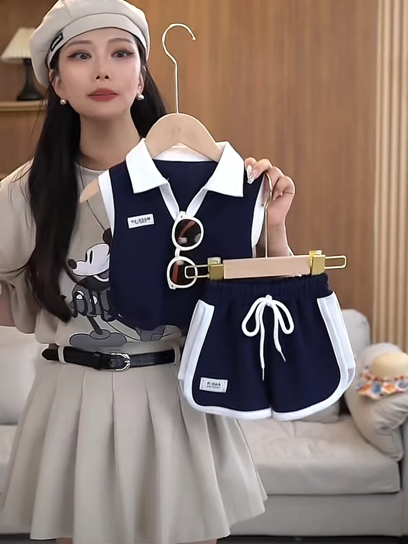 女童运动套装夏季撞色Polo无袖背心上衣抽绳短裤女孩两件套韩版潮