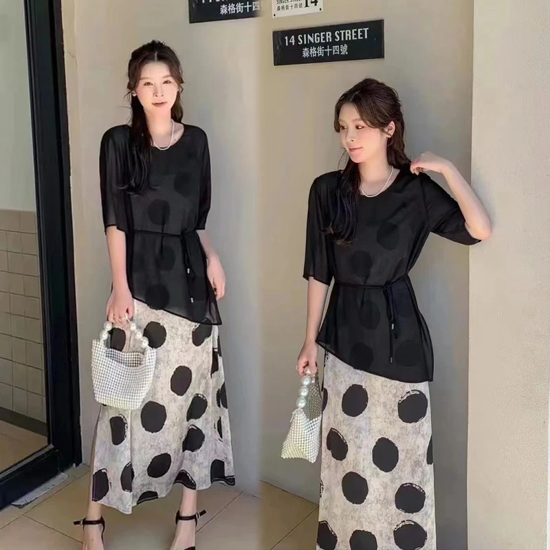 波点印花拼接连衣裙套装夏季气质时尚法式减龄网红设计感两件套