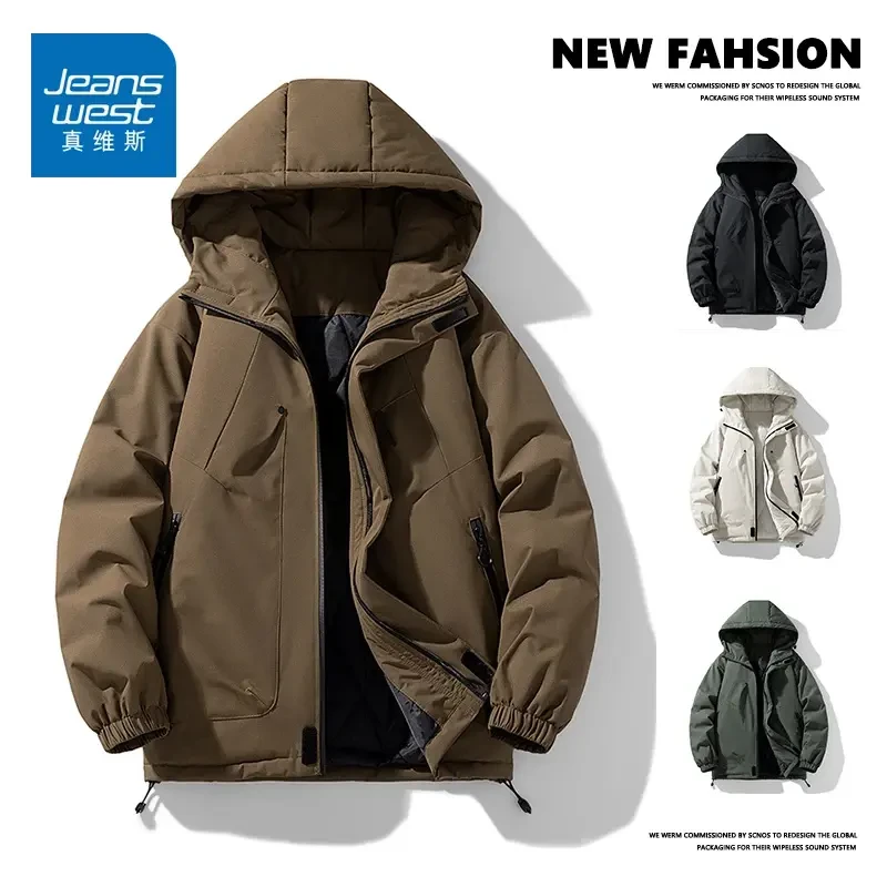 真维斯加棉冲锋衣大码男士冬季加厚宽松加大加肥连帽百搭外套棉袄