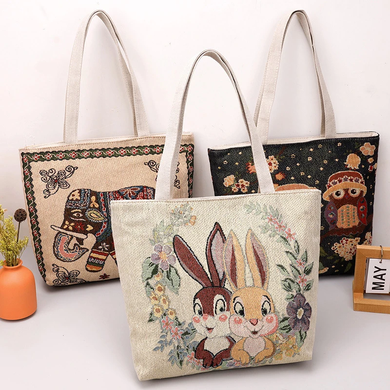 新款双面金丝提花刺绣复古ins大象补习包通勤包时尚帆布包休闲