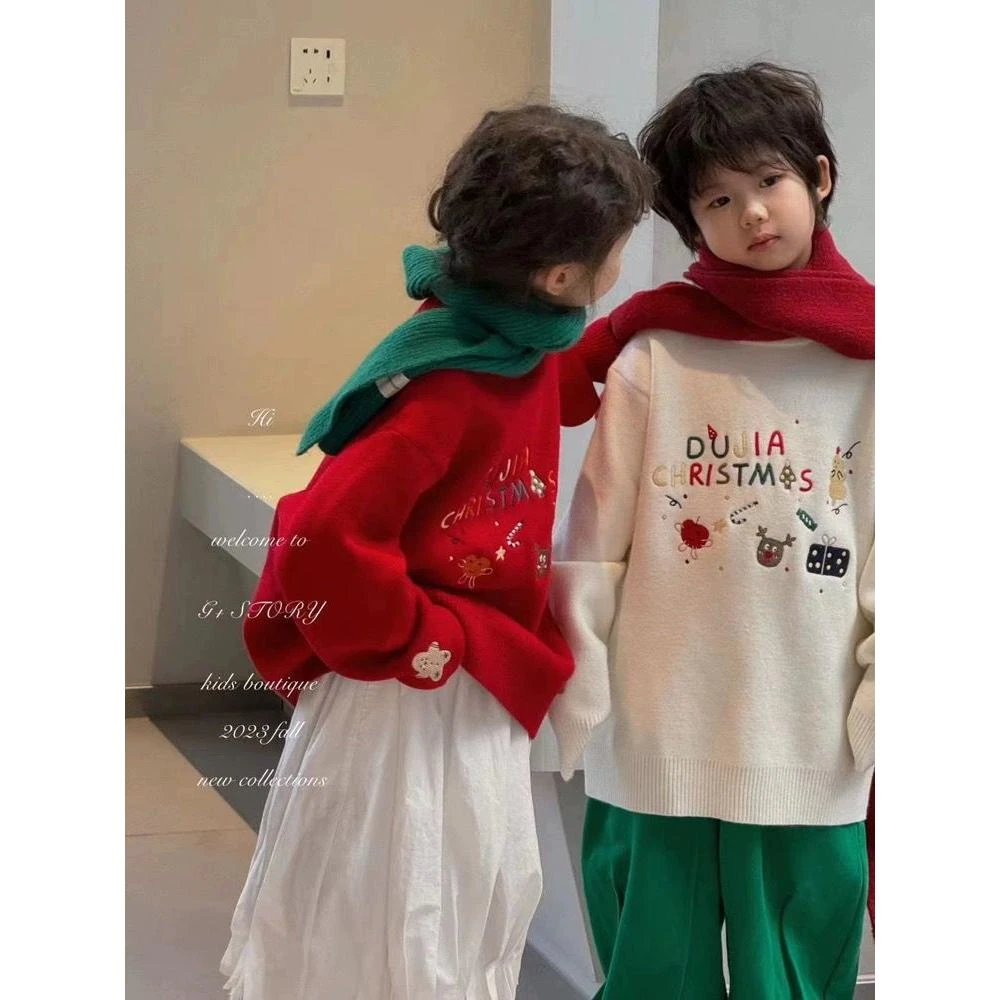 童装圣诞毛衣2024冬装男女童韩版一体绒加厚毛衣圣诞新年装亲子装