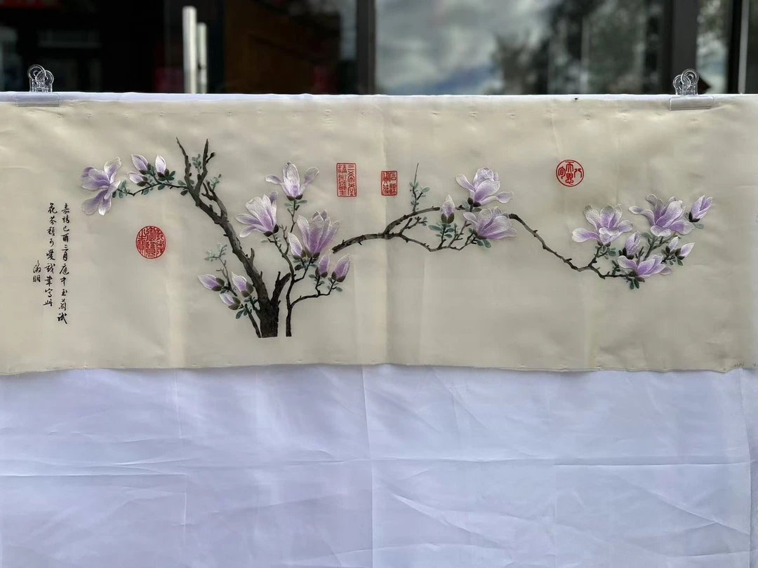 手工刺绣多款玉兰花鸟床头餐厅横版居家挂画进高档装饰画