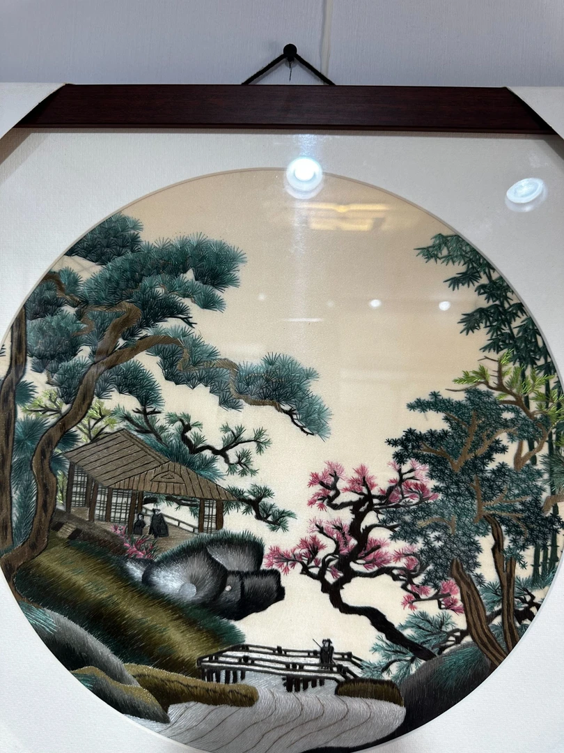 风景刺绣山水刺绣挂墙壁装饰客厅餐厅圆形刺绣装饰风景单面绣