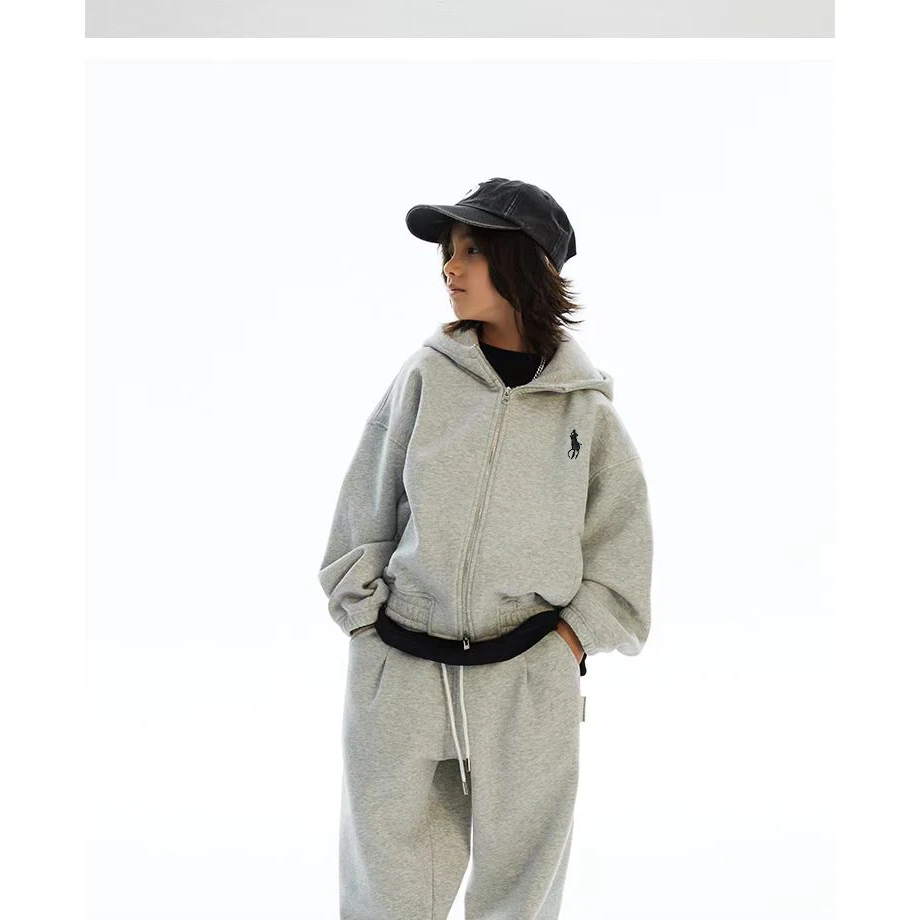 秋冬加绒户外连帽开衫卫衣套装街潮男女中大童休闲潮童街舞套装