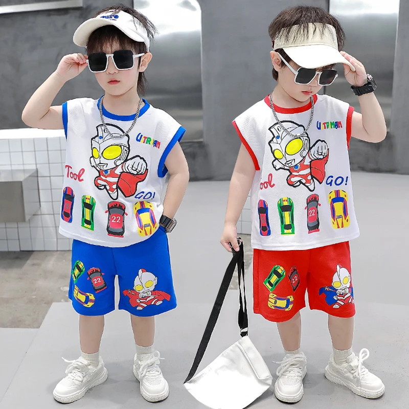 男童夏季奥特曼衣服2024新款背心男宝宝时尚洋气无袖套装夜光儿童
