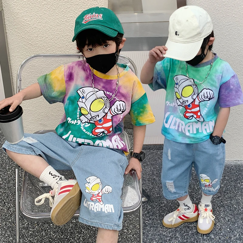 2023新款夏季男童中小童奥特曼卡通帅气扎染薄款短袖套装90-150