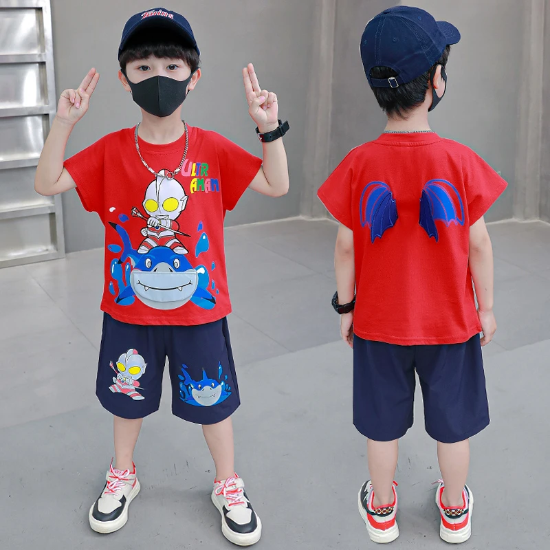 2024夏季新款中小男童卡通ins宝宝运动鲨鱼奥特曼无袖套装90-150