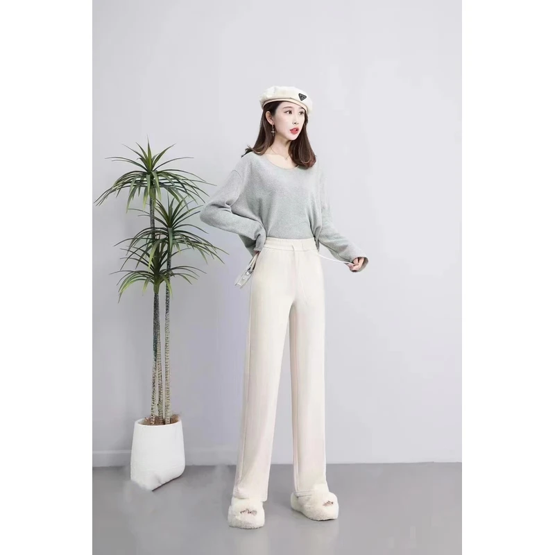 新款雪尼尔加绒秋冬季显瘦宽松直筒高腰百搭加厚时尚休闲网红女裤