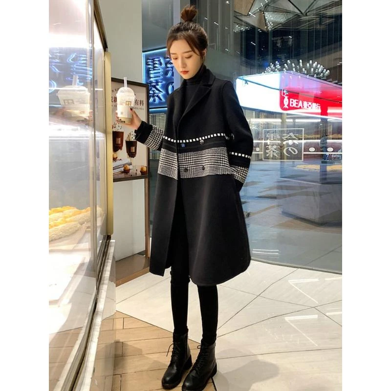 赫本风毛呢外套女中长款2024新款秋装韩版小个子黑色拼接呢子大衣