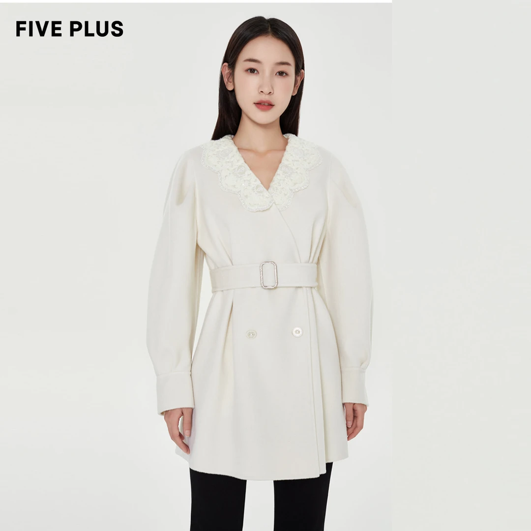 【商场同款】FIVE PLUS甜美娃娃领设计师双面呢大衣中长款