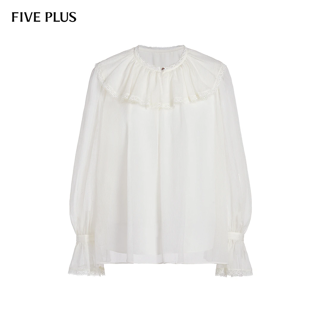FIVE PLUS雪纺衬衫女蕾丝花边上衣宽松衬衣喇叭袖2LE3010010