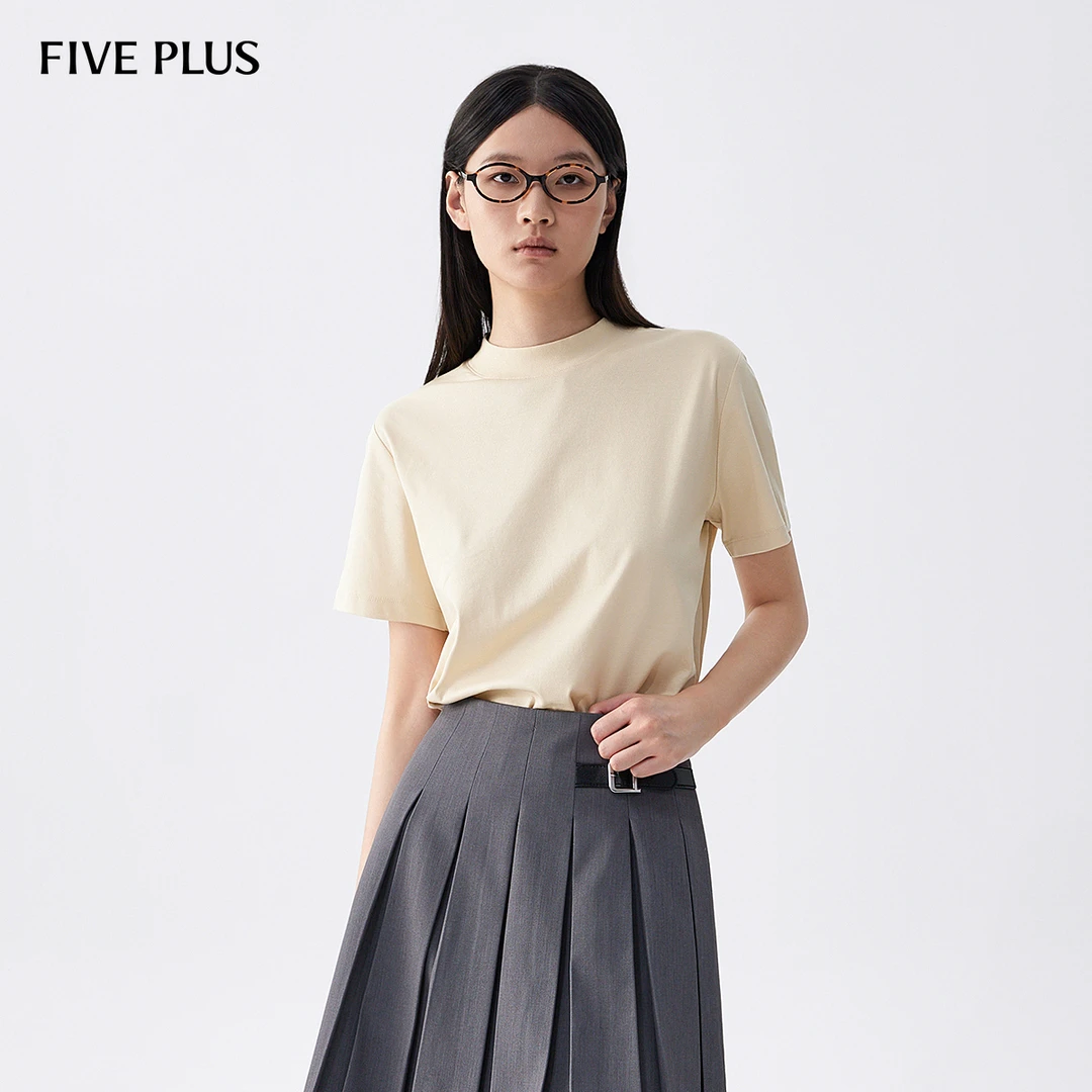FIVE PLUS初秋T恤女宽松棉上衣短袖套头衫直筒圆领复古2LE2023680