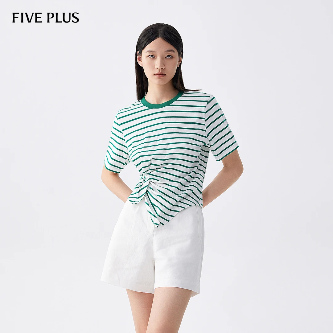 FIVE PLUS夏装T恤女短袖条纹上衣不规则套头衫纯棉小众2LH2020030