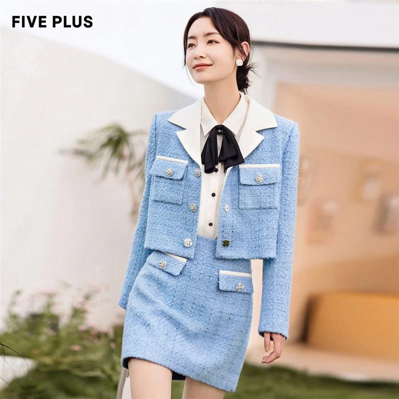 FIVE PLUS女小香风短款外套女长袖翻领法式上衣排扣2WN3045510