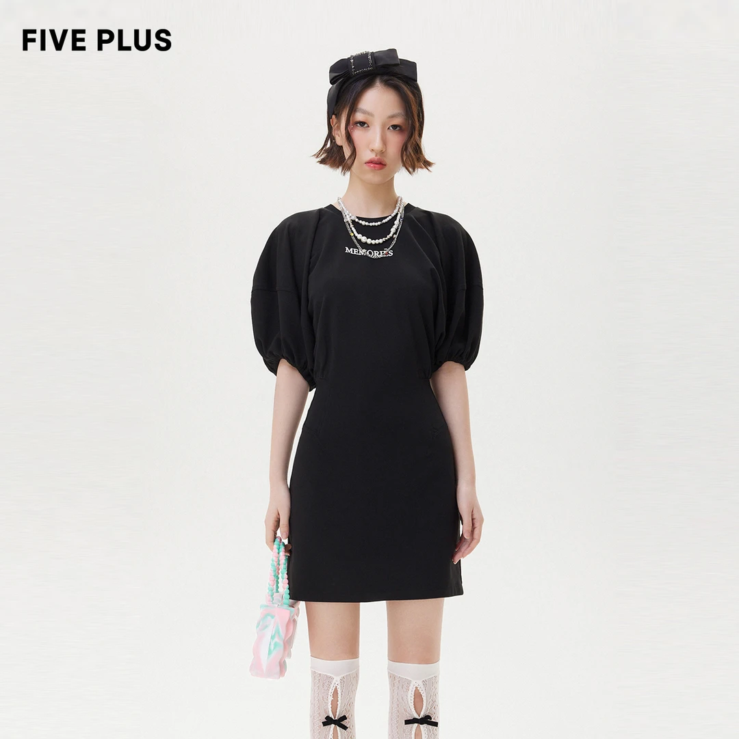 FIVE PLUS连衣裙女复古灯笼袖修身字母短裙子小众2TN2082470
