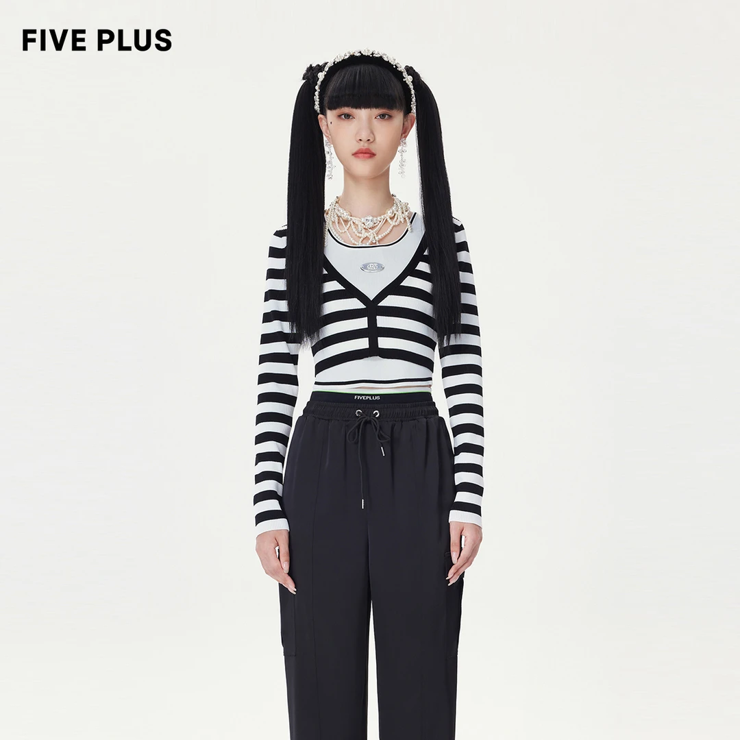 FIVE PLUS秋装条纹针织衫女时尚两件套装搭背心套头衫2TN1034110
