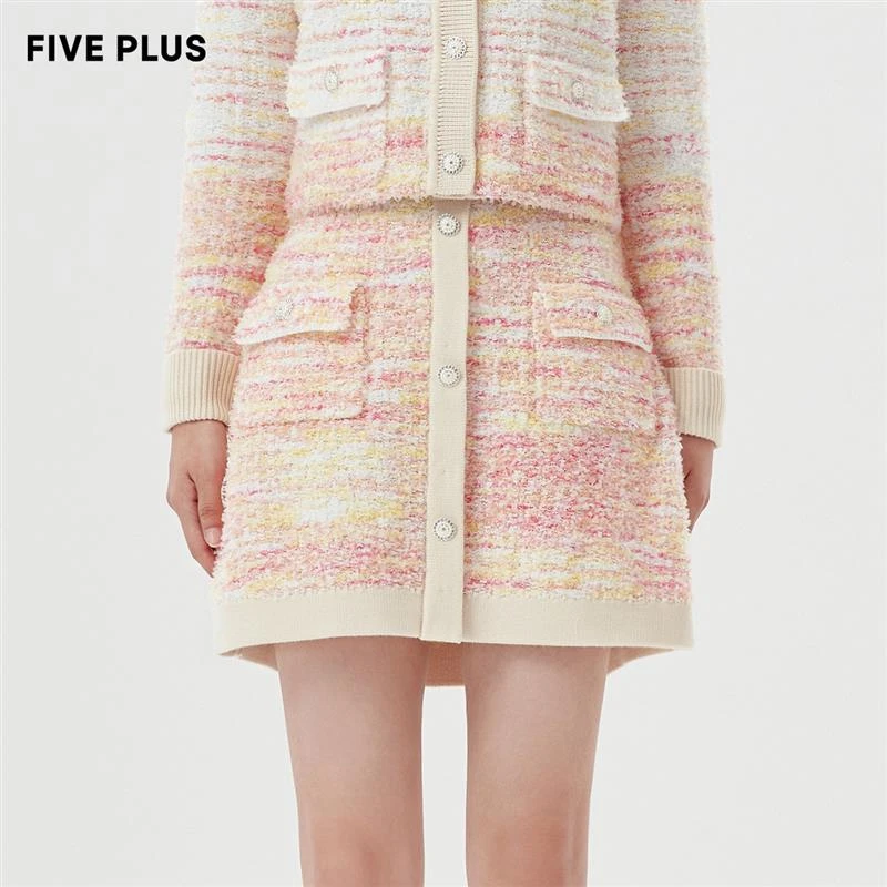 FIVE PLUS法式小香风半身裙女高腰单排扣A字短裙子2WE3071470