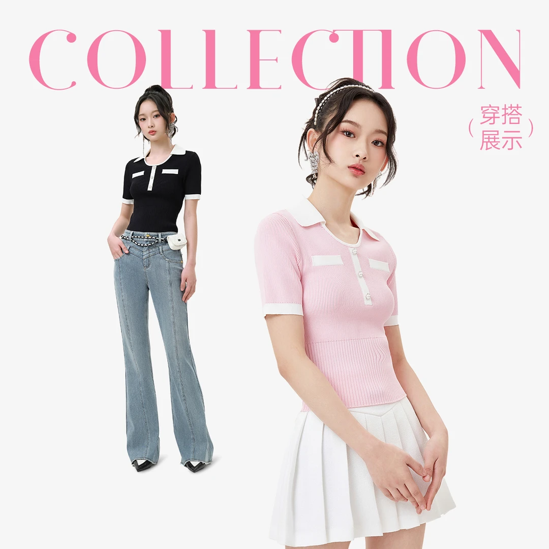 FIVEPLUS女春装法式气质针织衫女修身短袖套头上衣排扣2TE1030270