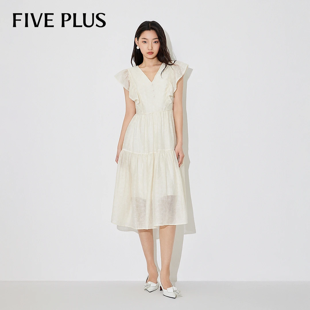 FIVE PLUS夏装连衣裙女V领中长裙天丝高腰荷叶边温柔系2LE2083110