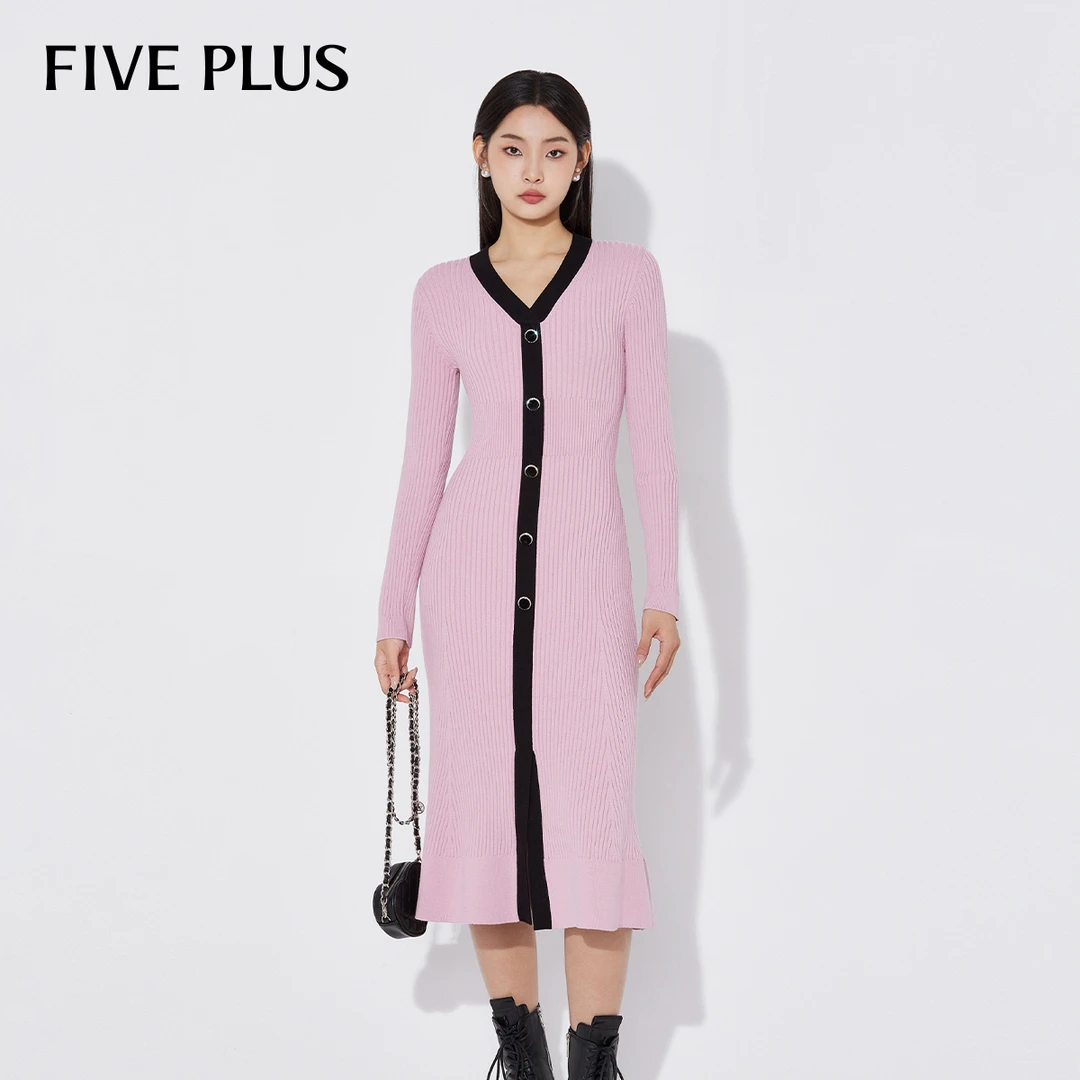 【商场同款】FIVE PLUS连衣裙气质修身V领针织长裙2LE1080040