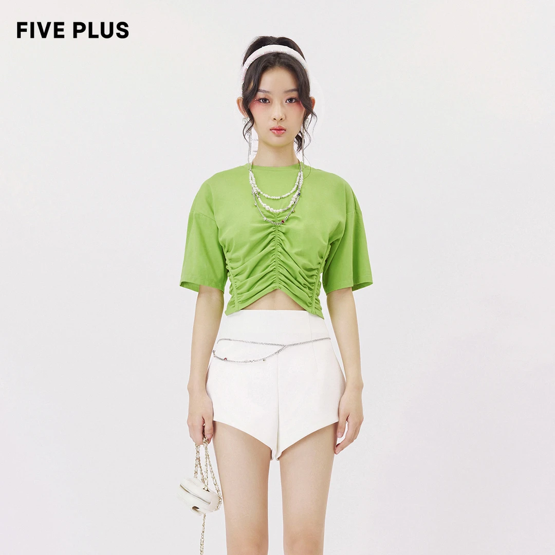 FIVE PLUS夏季复古褶皱收腰T恤潮流时尚2TN2023470