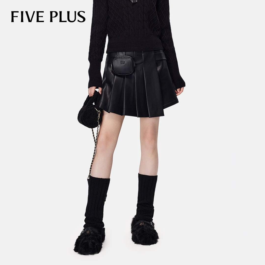 FIVEPLUS休闲裤PU皮百褶裙裤甜酷风高腰A字2TN4063100