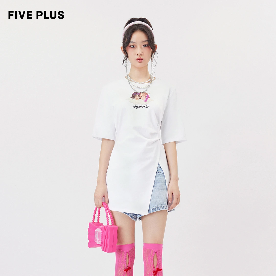 FIVE PLUST恤女复古天使图案短袖开叉别致上衣刺绣2TN2022390