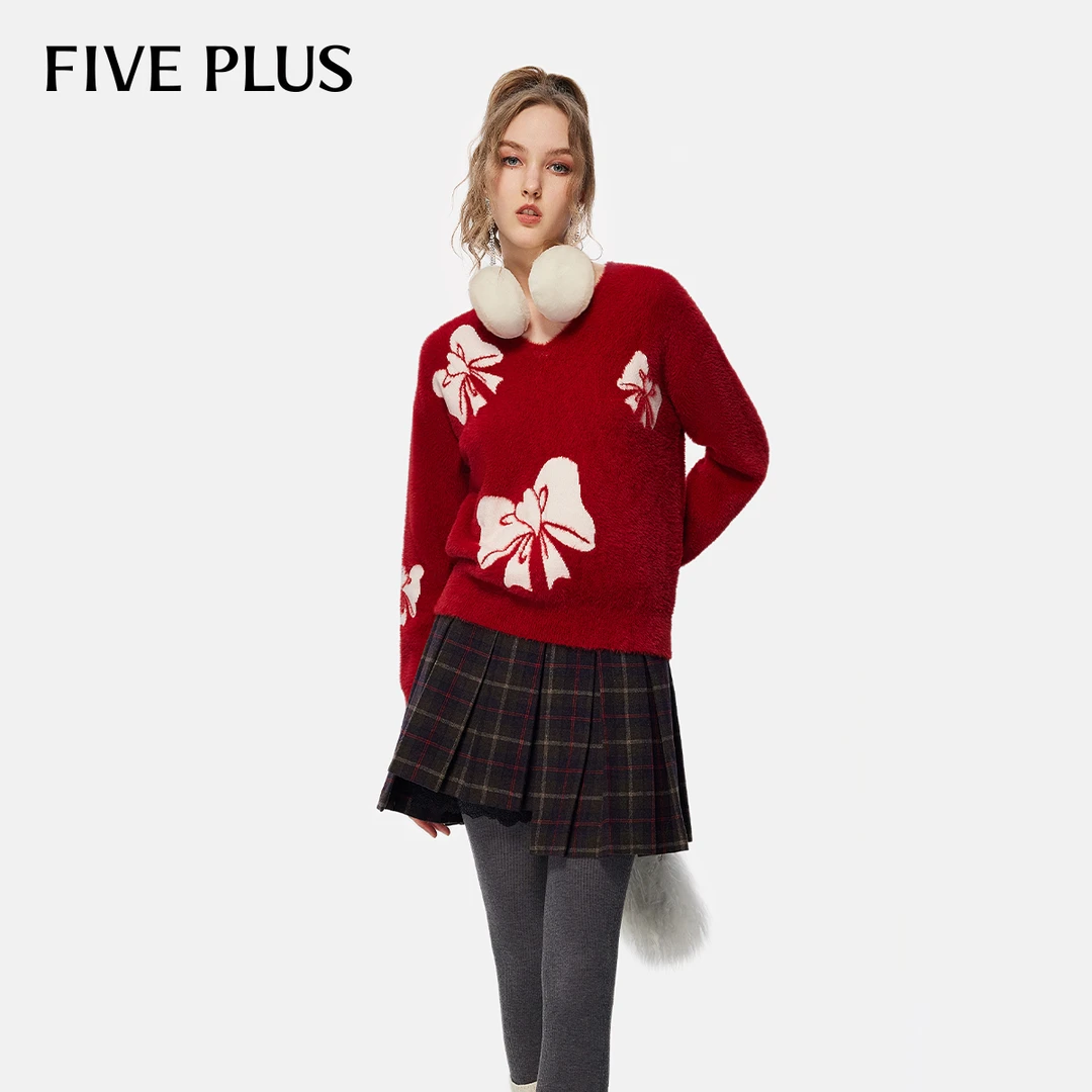 FIVE PLUS冬装仿貂绒毛衣长袖针织衫蝴蝶结V领软糯上衣2TN4035190
