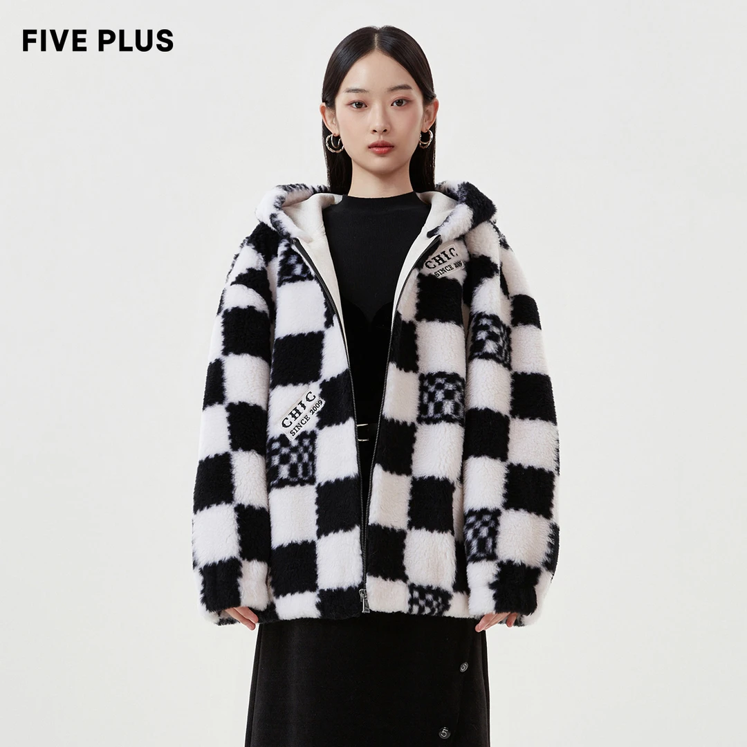 【小呆鸟专享】FIVE PLUS外套颗粒绒宽松连帽棋盘格纹2WN4043160