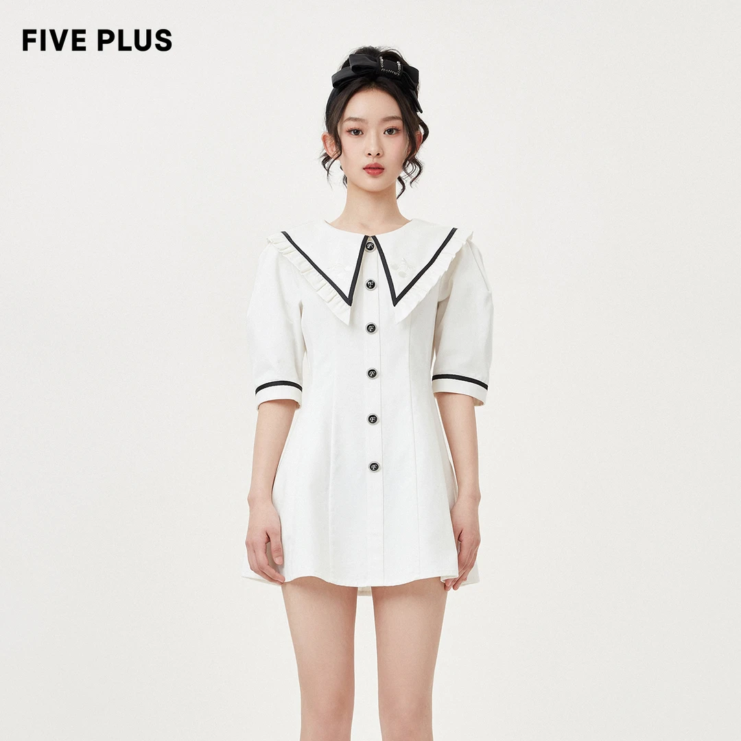 FIVE PLUS连衣裙女减龄娃娃领白色高腰单排扣短裙2TN2080470