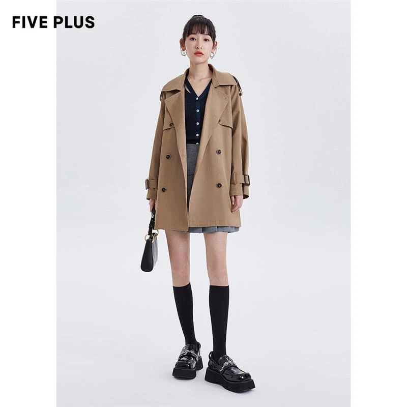 FIVE PLUS早春小个子气质插肩袖双排扣卡其色风衣宽松2SW104035N